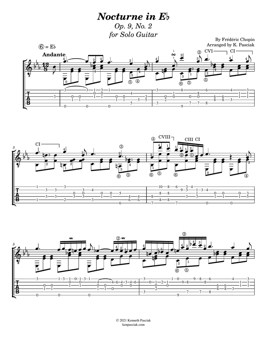 Nocturne in E Flat by Chopin (for Solo Guitar) Acoustic Guitar scores gallery preview page 3