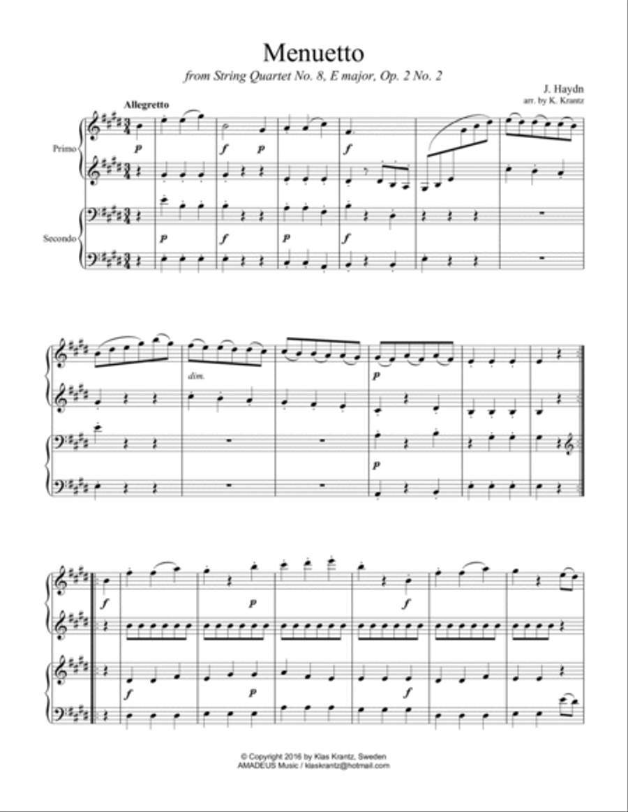 Menuetto from string quartet No. 8 for easy piano duet/ 1 piano, 4 hands Cello scores gallery preview page 2