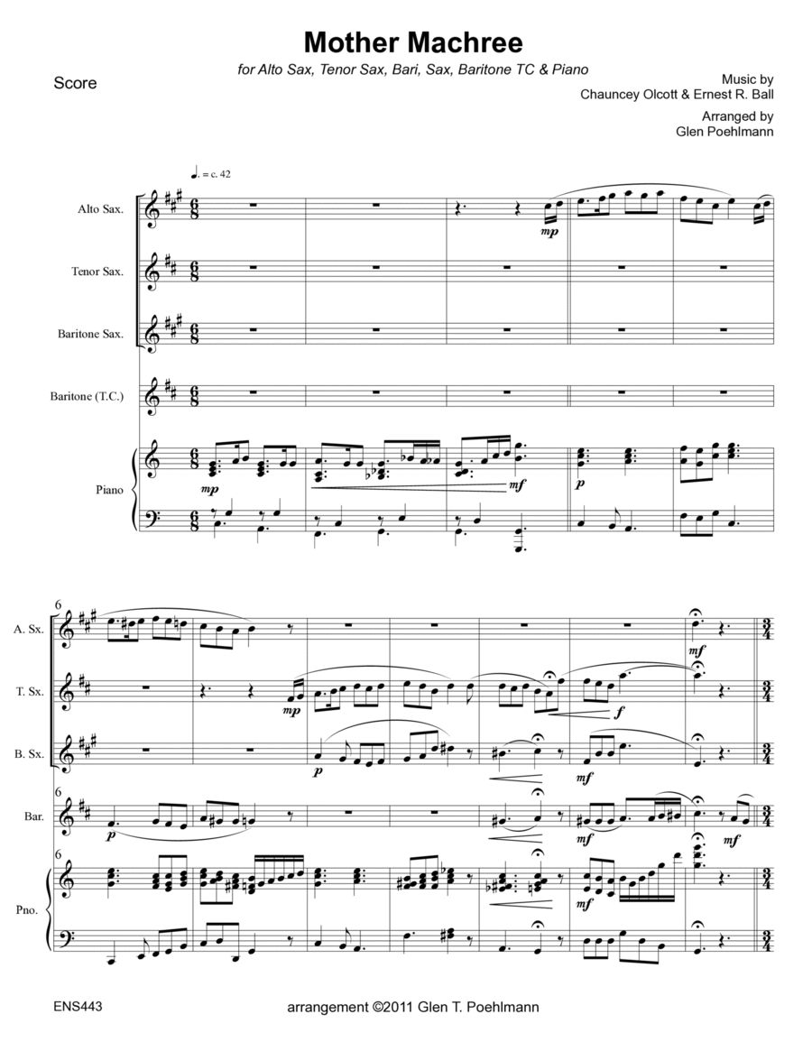 MOTHER MACHREE - Alto, Tenor & Baritone Saxes & Baritone TC or Trombone with Piano Accompaniment Small Ensemble scores gallery preview page 1