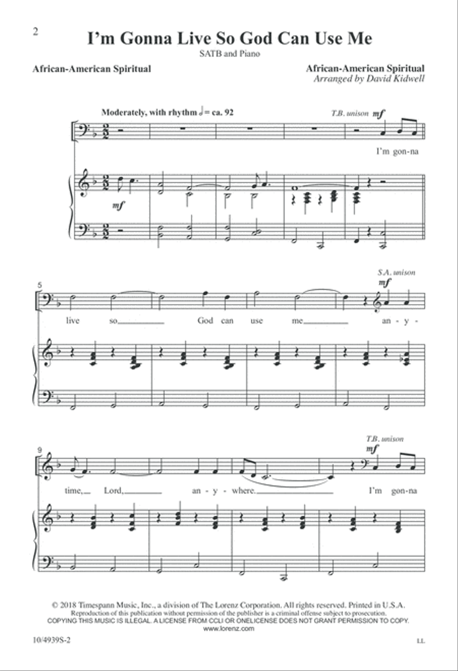 I'm Gonna Live So God Can Use Me 4-Part scores gallery preview page 2