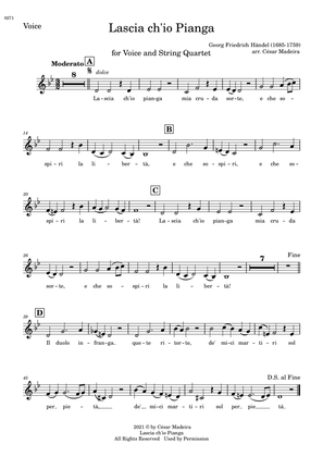 Lascia Ch'io Pianga - Voice and String Quartet - Bb Major (Individual Parts)
