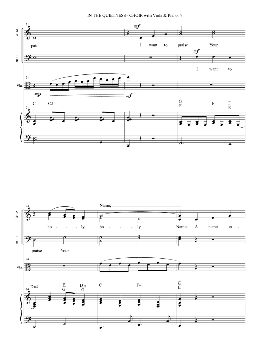 IN THE QUIETNESS (For SATB Choir with Viola & Piano - separate Octavo, Choir & Viola Part included) 4-Part scores gallery preview page 5