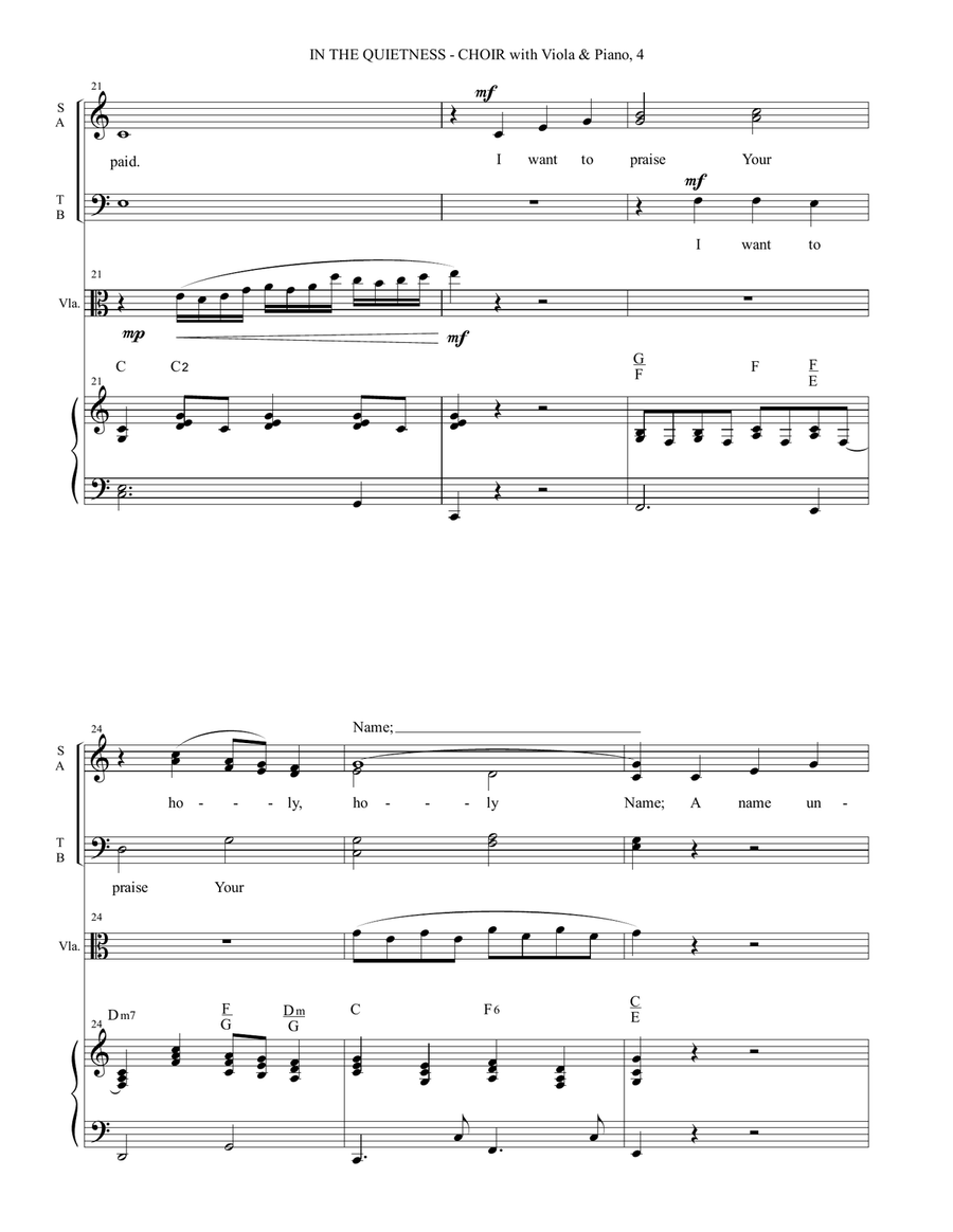 IN THE QUIETNESS (For SATB Choir with Viola & Piano - separate Octavo, Choir & Viola Part included) image number null
