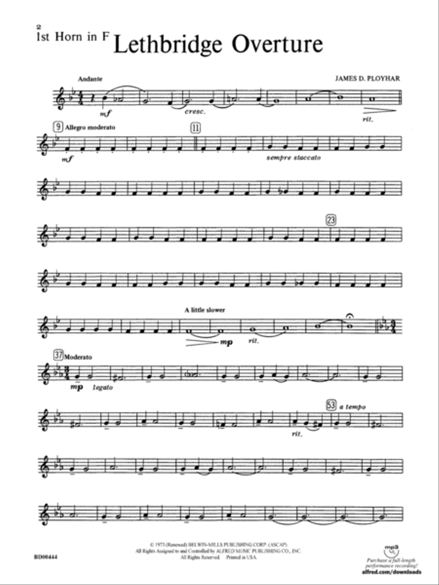 Lethbridge Overture: 1st F Horn Concert Band scores gallery preview page 1