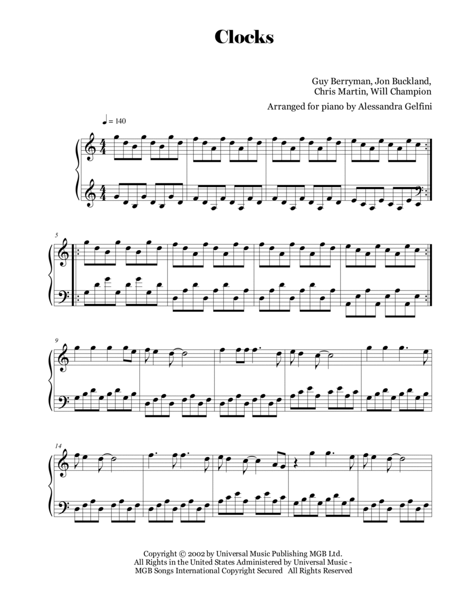 Clocks Piano Solo scores gallery preview page 1