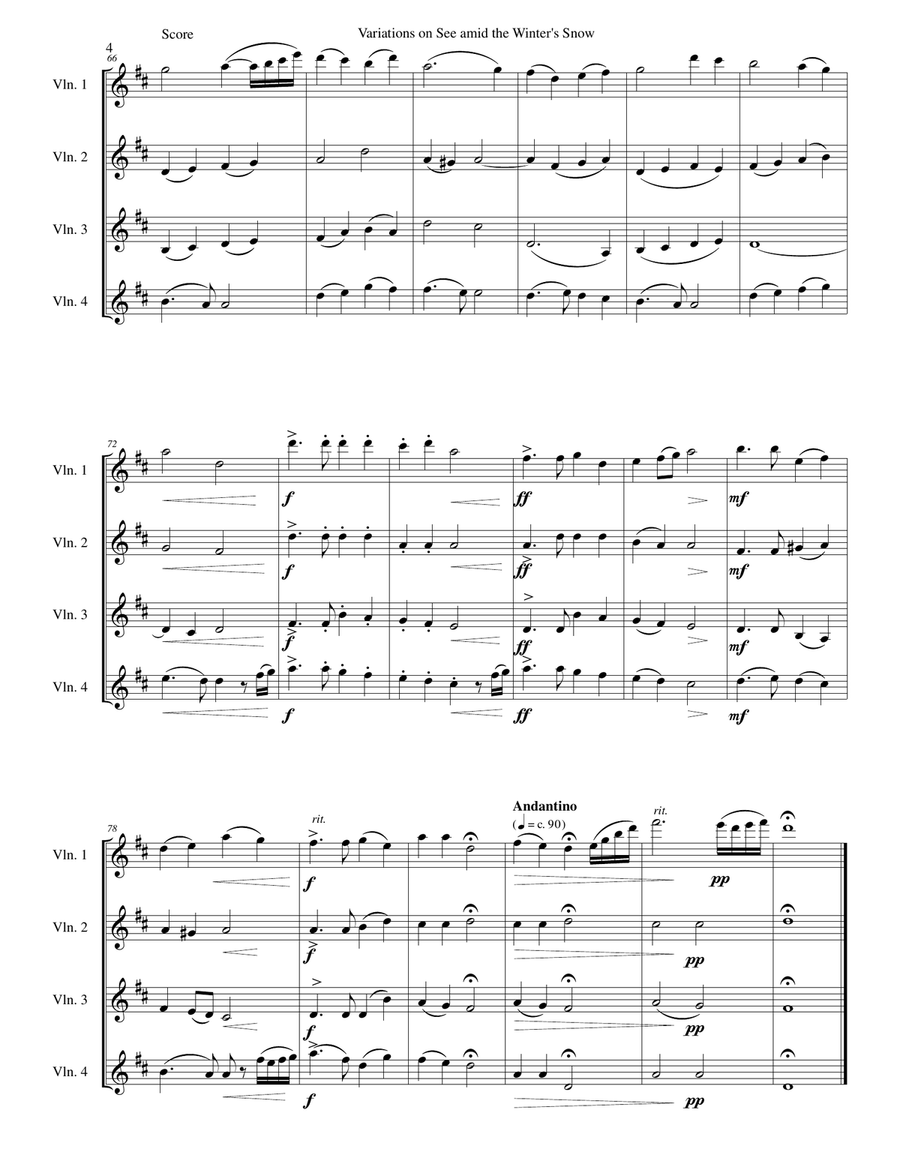 Variations on See amid the Winter's Snow for violin quartet Violin Solo scores gallery preview page 4