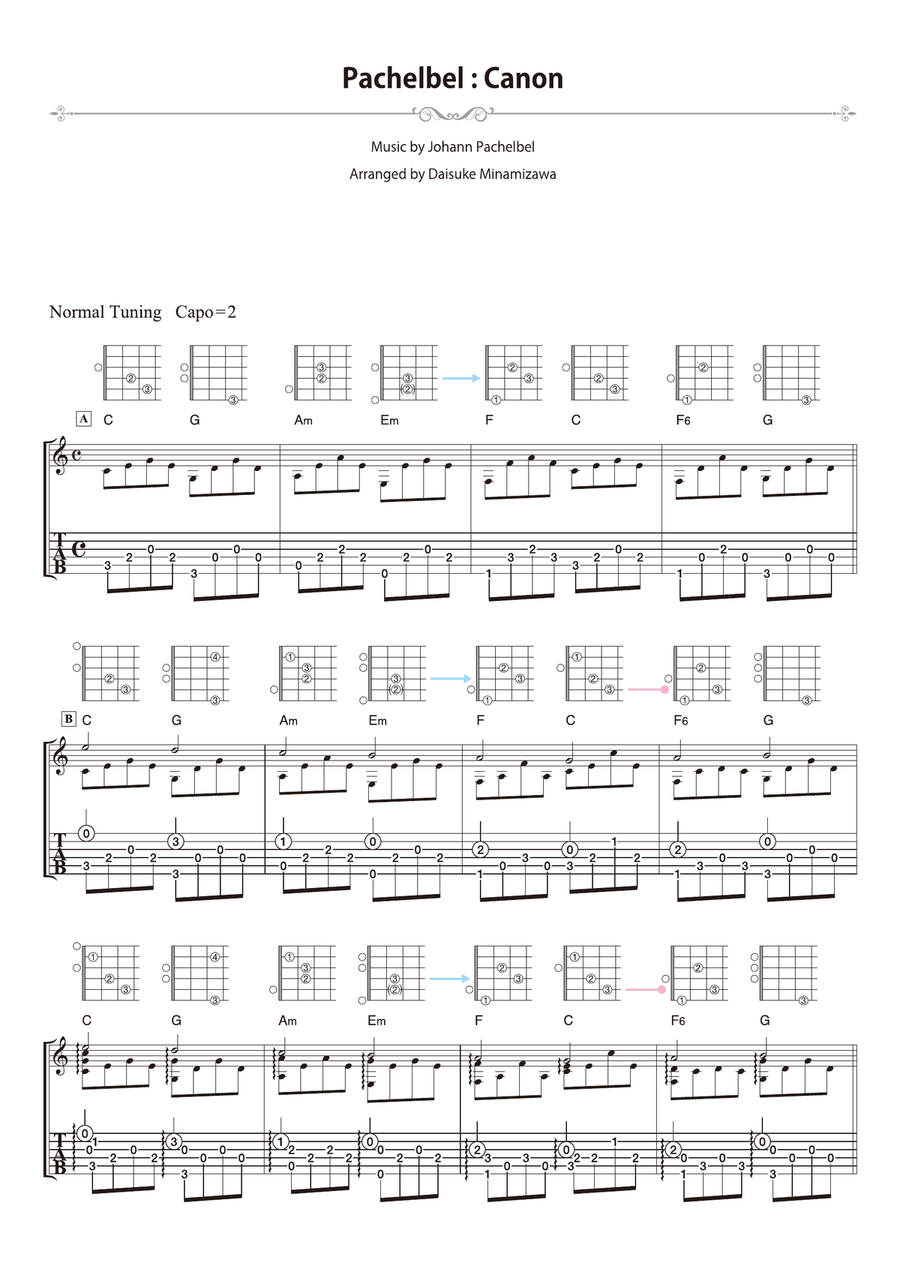 Pachelbel : Canon [for solo acoustic guitar] Acoustic Guitar scores gallery preview page 1