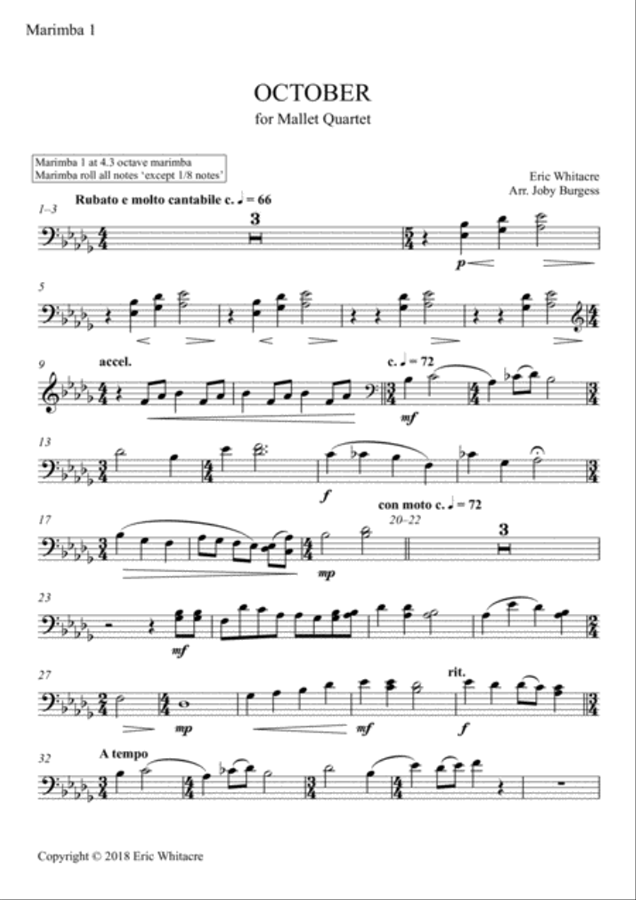 October (Alleluia) for Mallet Quartet (arr. Joby Burgess) - Marimba 1 Percussion Ensemble scores gallery preview page 1
