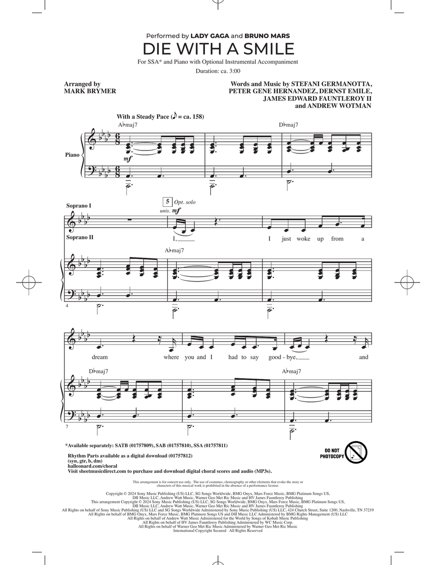 Die With A Smile (arr. Mark Brymer) SSA scores gallery preview page 1