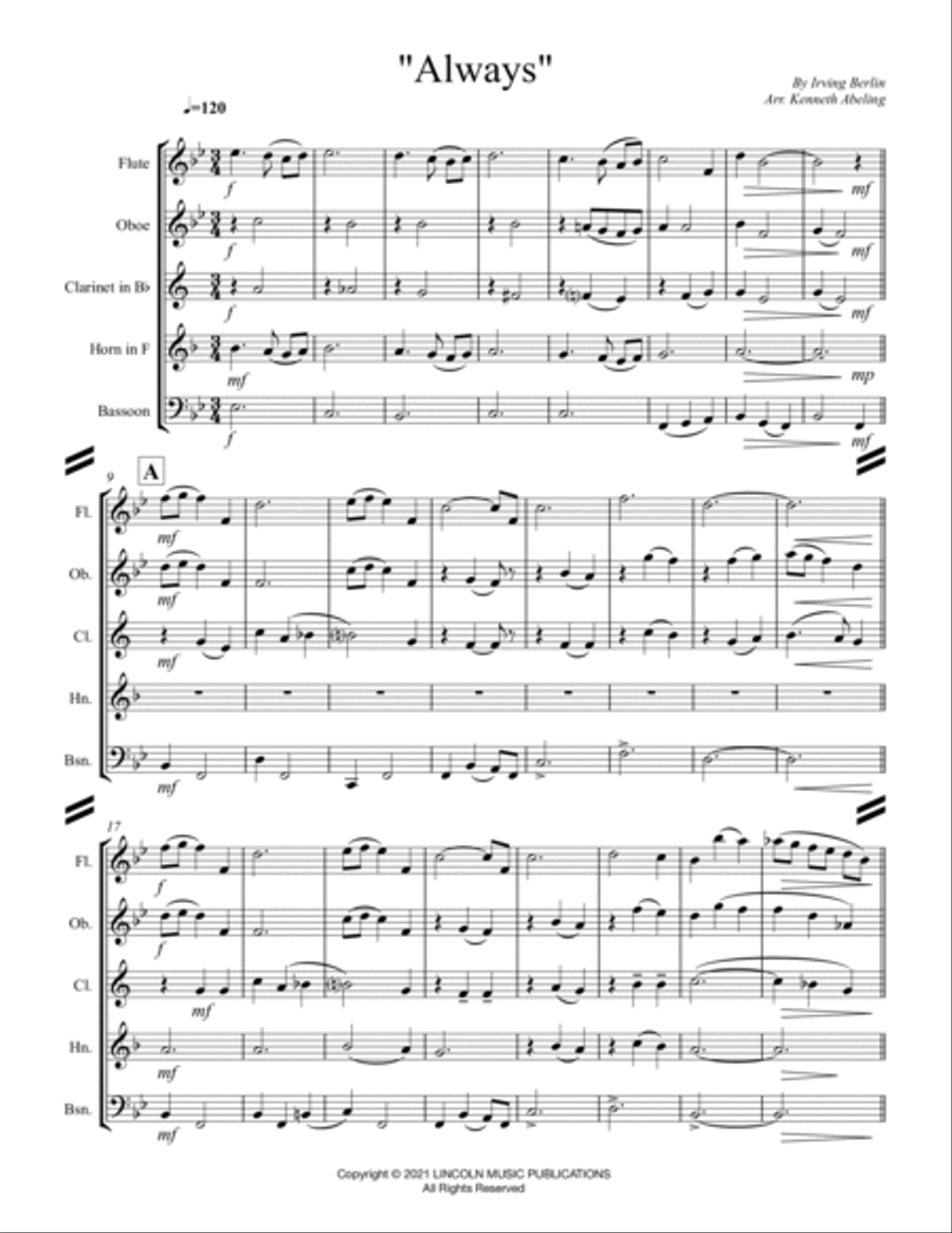 Always - Irving Berlin (for Woodwind Quintet) Woodwind Quintet scores gallery preview page 2