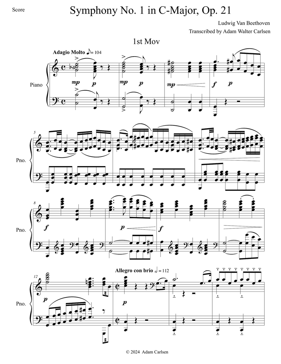 Beethoven Symphony No. 1 in C Major, Op. 21 Mov. I Piano Solo scores gallery preview page 2