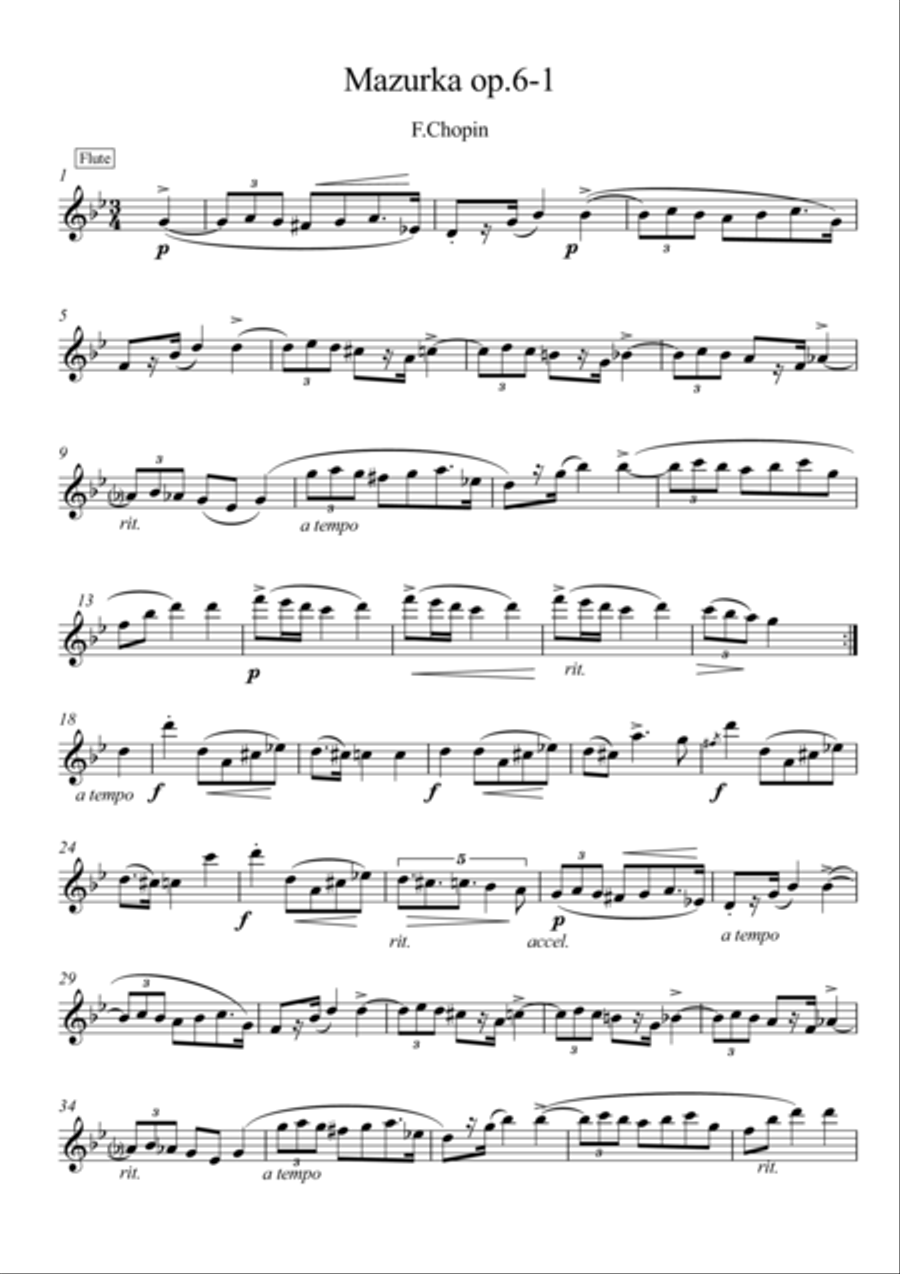 Mazurka Op.6 No.1 piano flute duet Flute Duet scores gallery preview page 1
