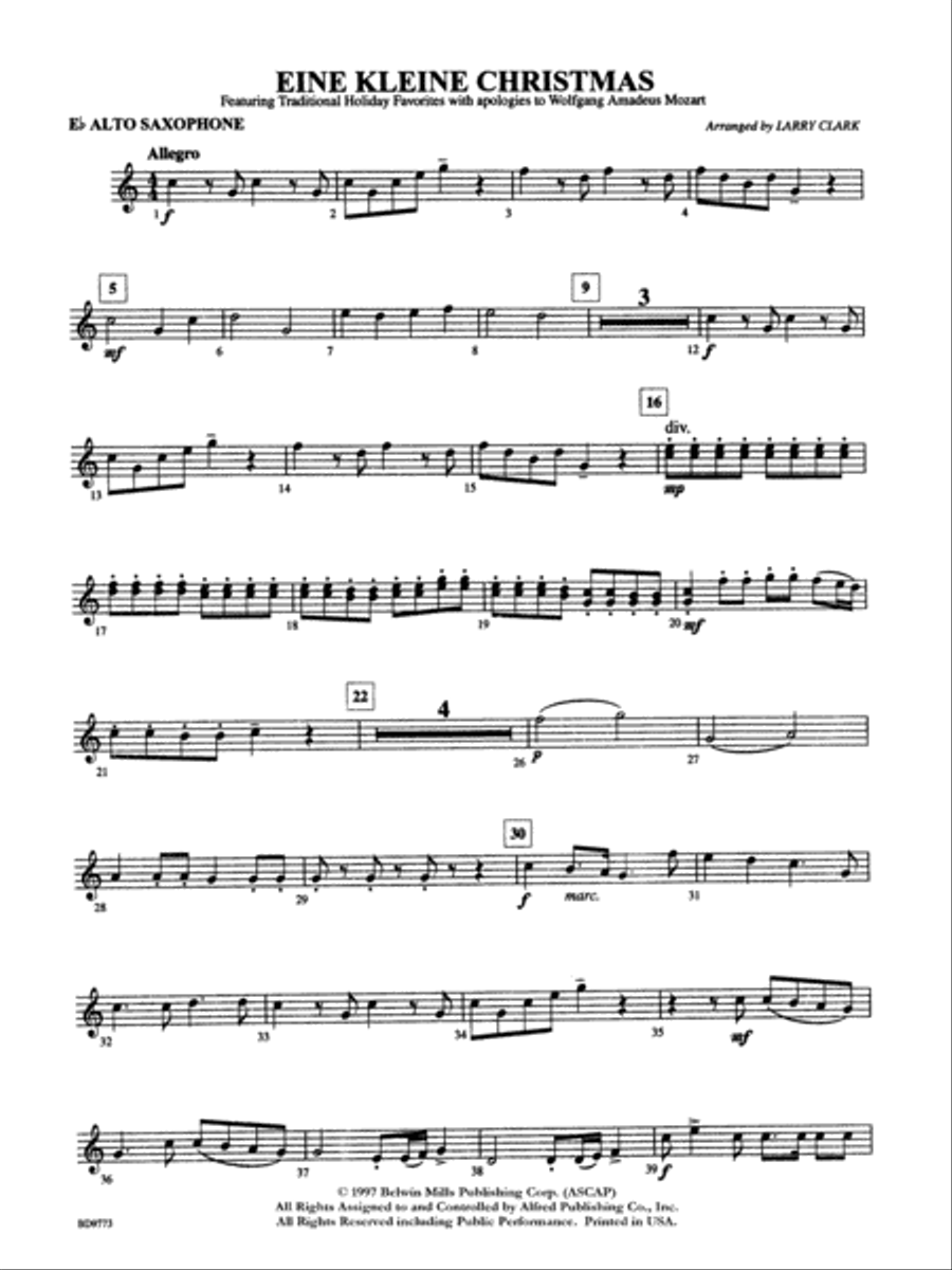 Eine Kleine Christmas (featuring Traditional Holiday Favorites (with apologies to Wolfgang Amadeus Mozart)): E-flat Alto Saxophone Concert Band scores gallery preview page 1