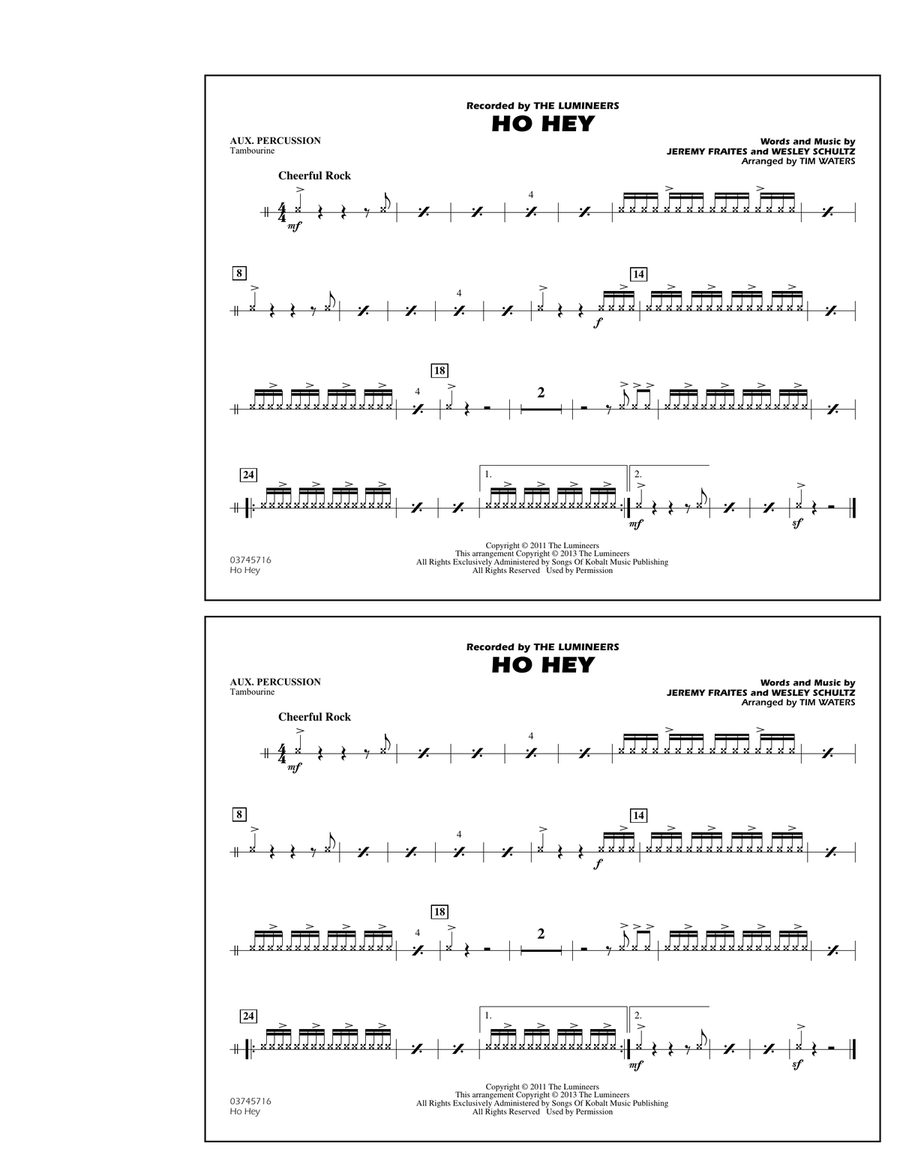 Ho Hey - Aux Percussion Ho Hey - Aux Percussion Marching Band scores gallery preview page 1