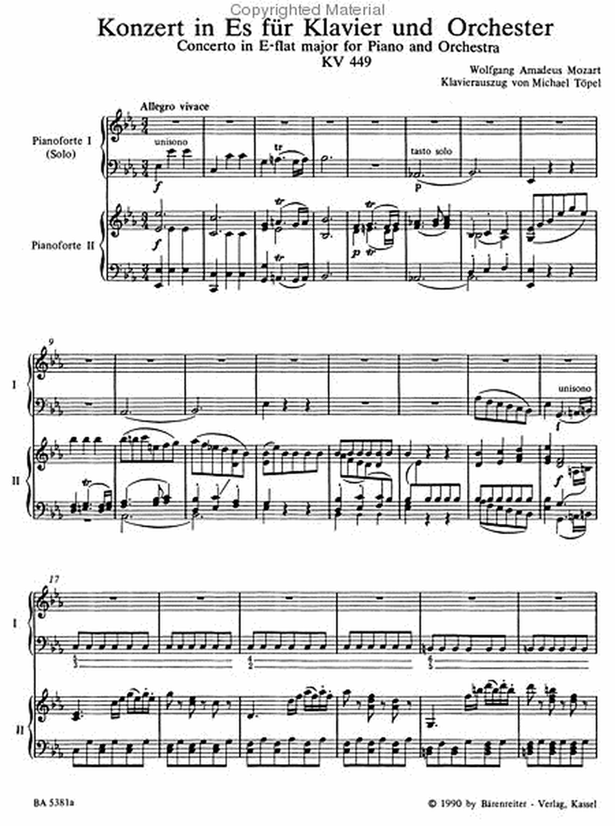 Concerto for Piano and Orchestra, No. 14 E flat major, KV 449