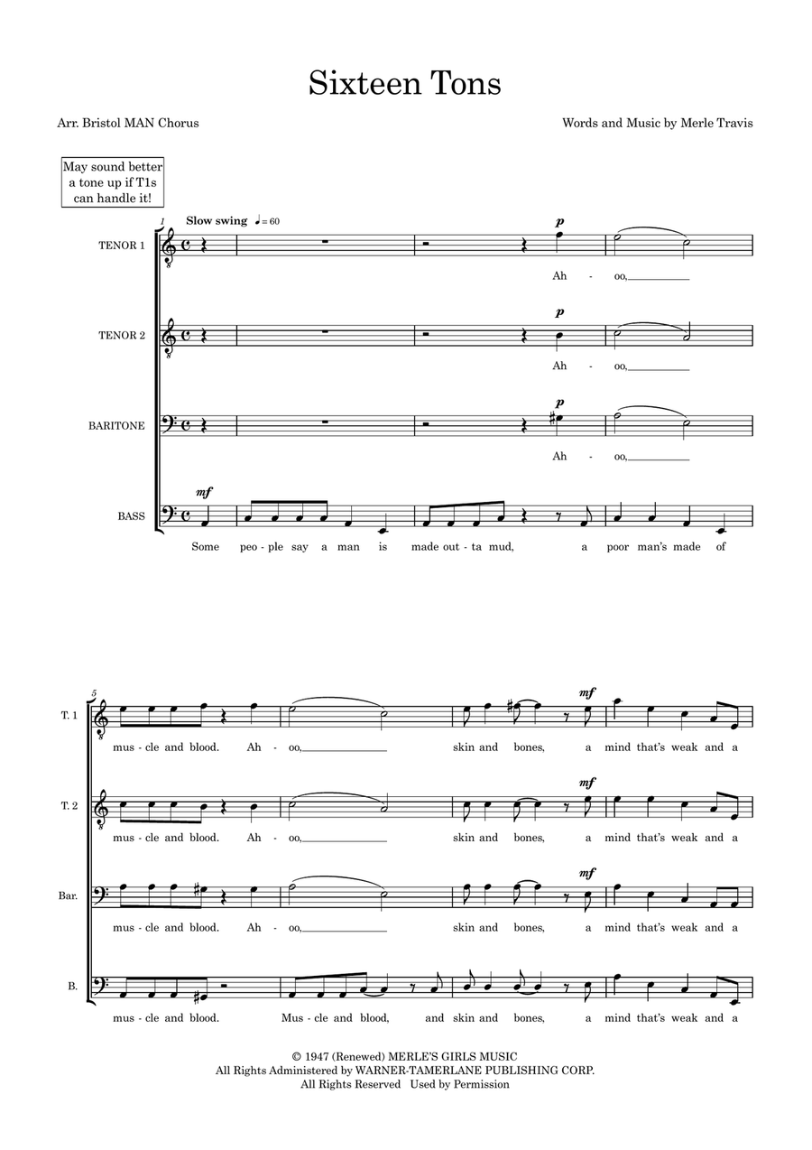Sixteen Tons (arr. Sam Burns) TTBB scores gallery preview page 1