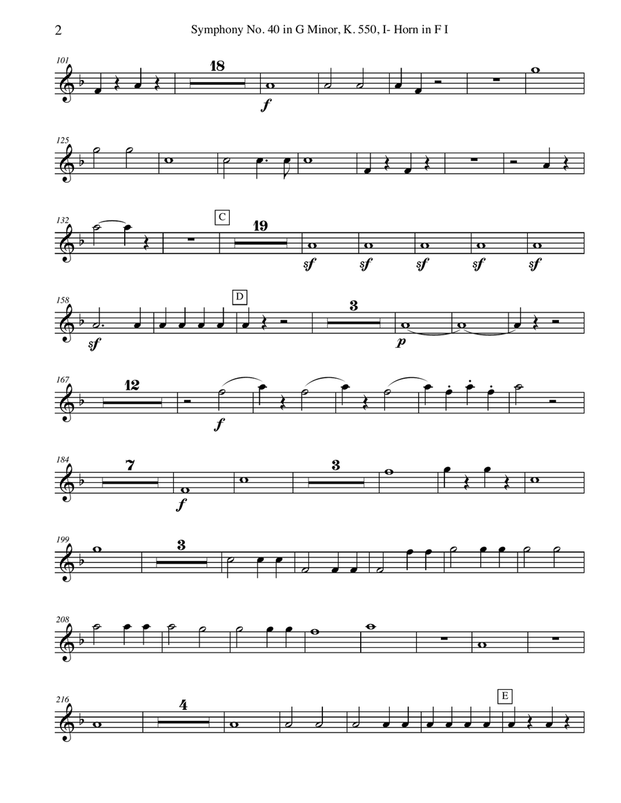 Mozart Symphony No. 40, Movement I - Horn in F 1 (Transposed Part), K. 550 Horn Solo scores gallery preview page 2