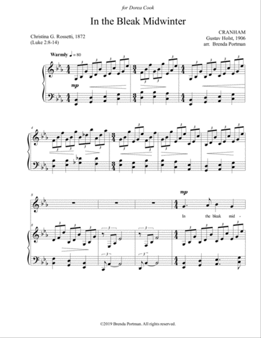 In the Bleak Midwinter (CRANHAM), Medium/Low Voice, arr. Brenda Portman Medium Voice scores gallery preview page 1