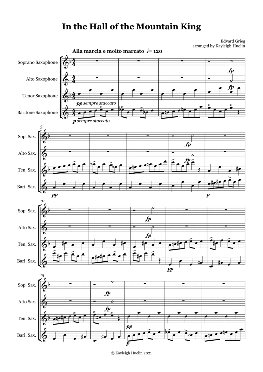 In the Hall of the Mountain King by Edvard Grieg - Saxophone quartet (SATB) Saxophone Quartet scores gallery preview page 1