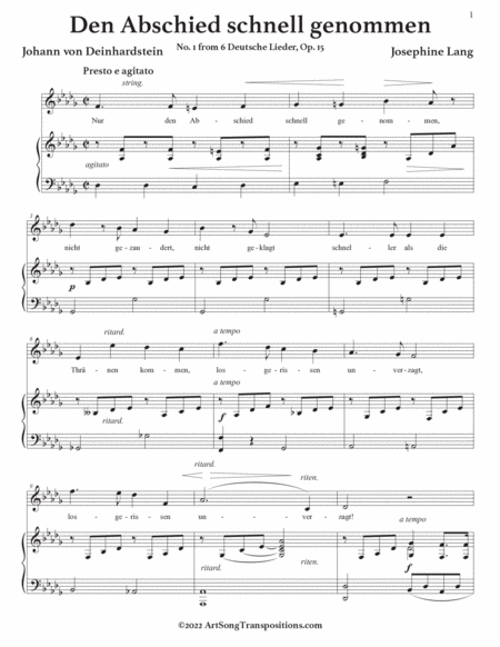LANG: Den Abschied schnell genommen, Op. 15 no. 1 (transposed to D-flat major)