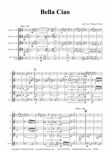 Bella Ciao - Italian Classic - Clarinet Quintet