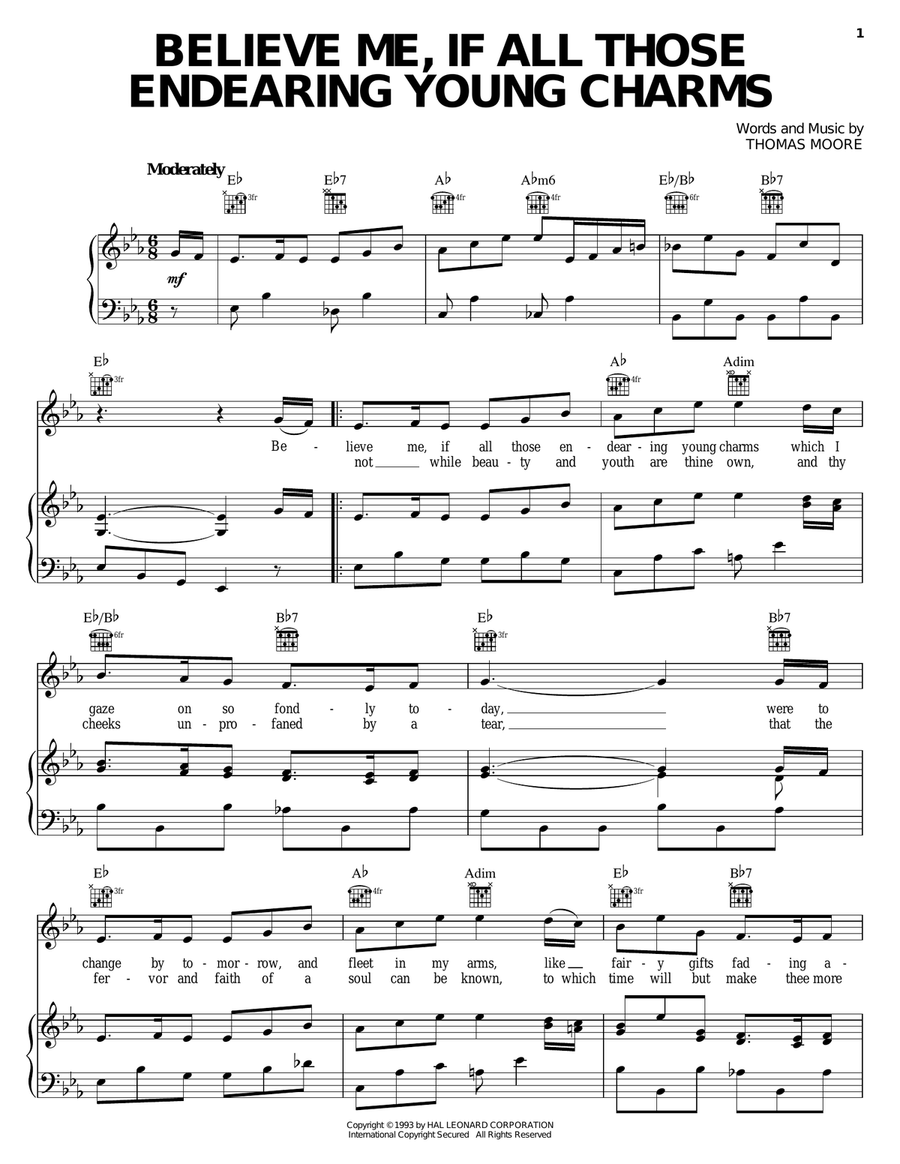 Believe Me, If All Those Endearing Young Charms Piano, Vocal, Guitar scores gallery preview page 1