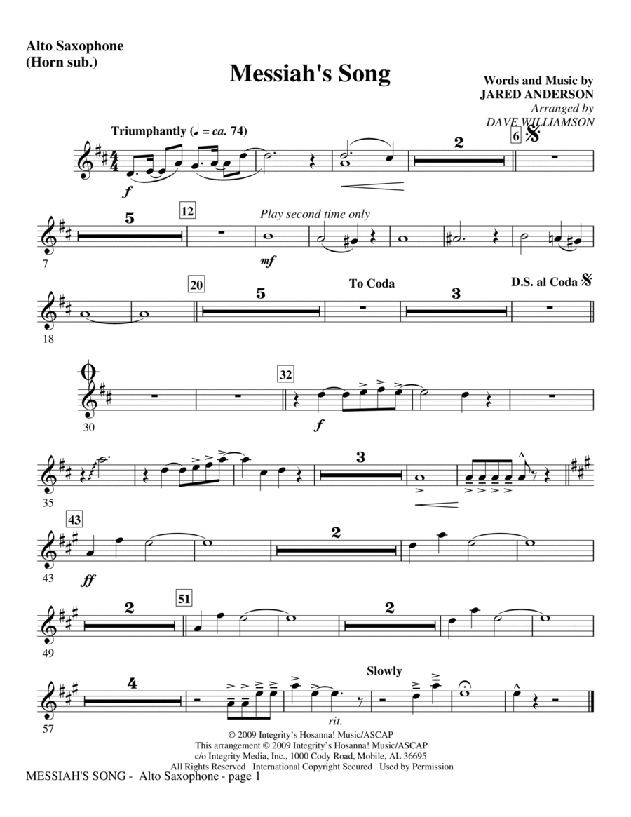 Messiah's Song - Tenor Sax (Trombone 2 sub) Choir scores gallery preview page 1