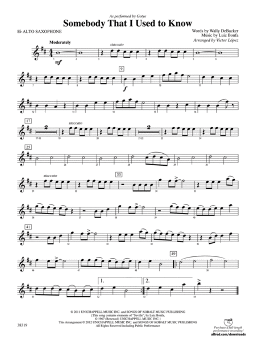 Somebody That I Used to Know: E-flat Alto Saxophone Concert Band scores gallery preview page 1