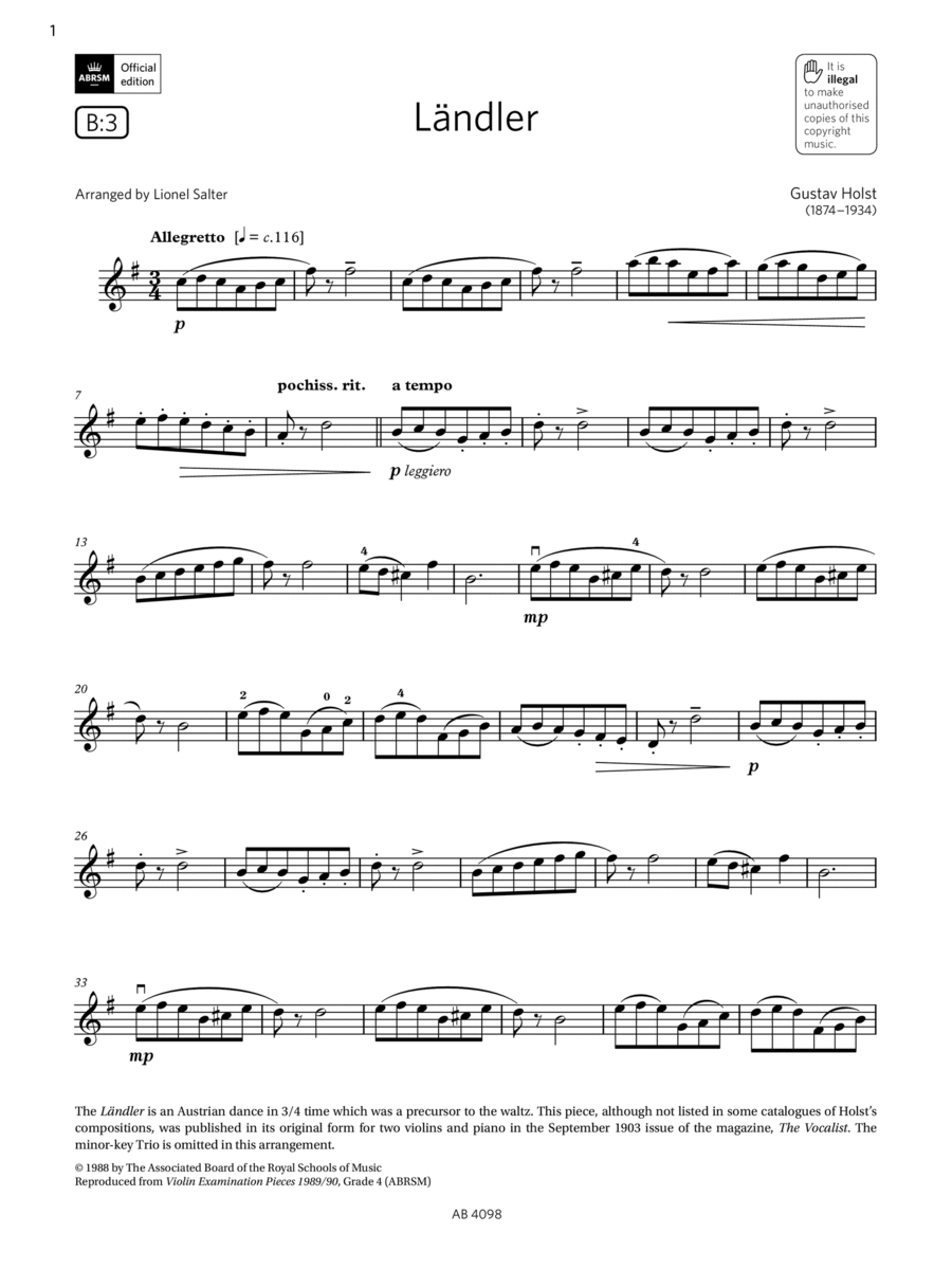 Ländler (Grade 4, B3, from the ABRSM Violin Syllabus from 2024) Violin Solo scores gallery preview page 1