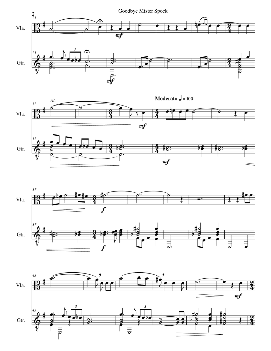 Goodbye Mister Spock for viola and guitar String Duet scores gallery preview page 2