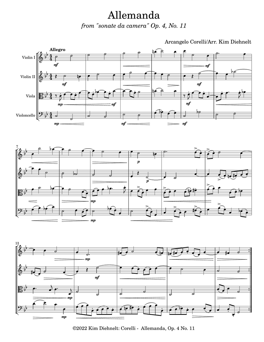 Corelli: Allemanda (Arr. Diehnelt, for String Quartet) String Quartet scores gallery preview page 2