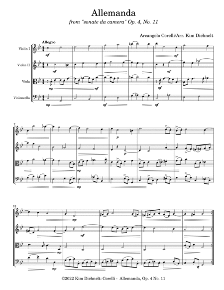 Corelli: Allemanda (Arr. Diehnelt, for String Quartet) image number null