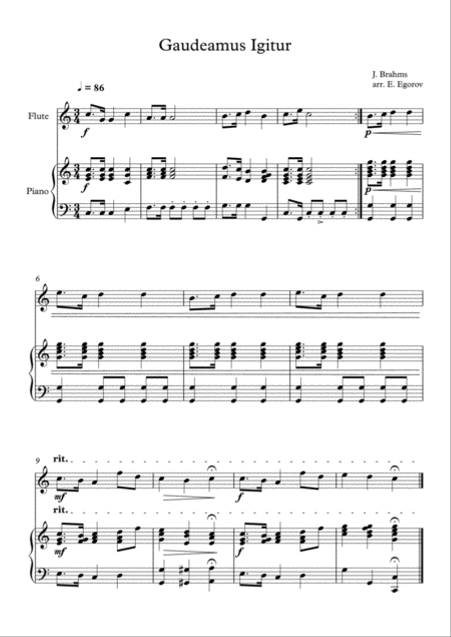 Gaudeamus Igitur, Johannes Brahms, For Flute & Piano Flute Solo scores gallery preview page 1