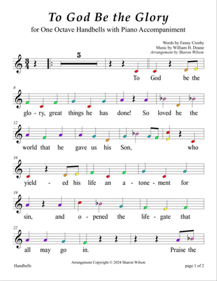 To God Be the Glory (for One Octave Handbell Choir with Piano accompaniment) Handbell Choir scores gallery preview page 6