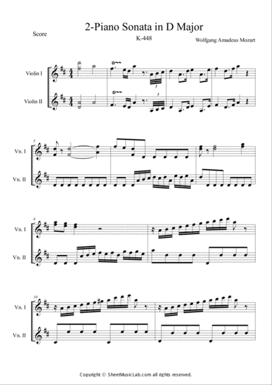 2 Piano Sonata in D Major K.448 Violin scores gallery preview page 1