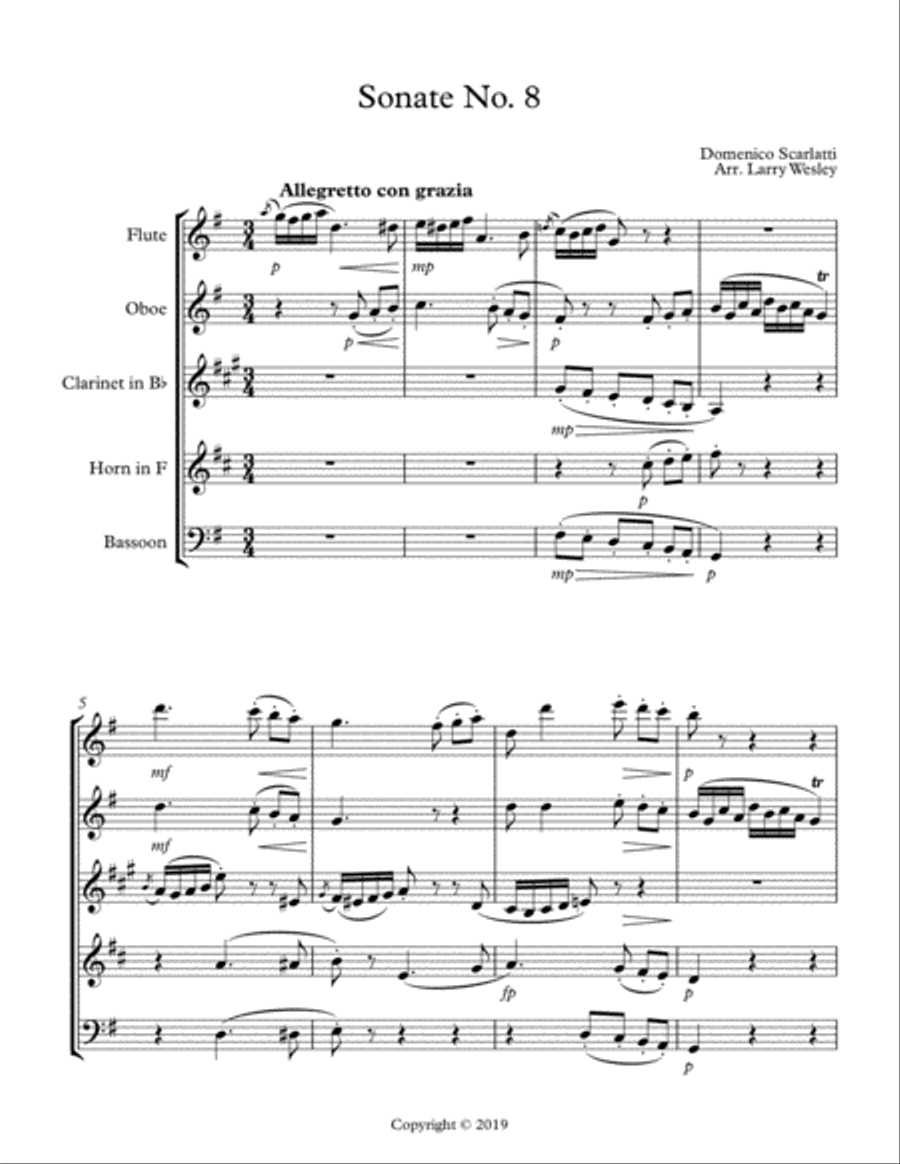 Scarlatti Sonatas No. 8 & 12 Woodwind Quintet scores gallery preview page 1