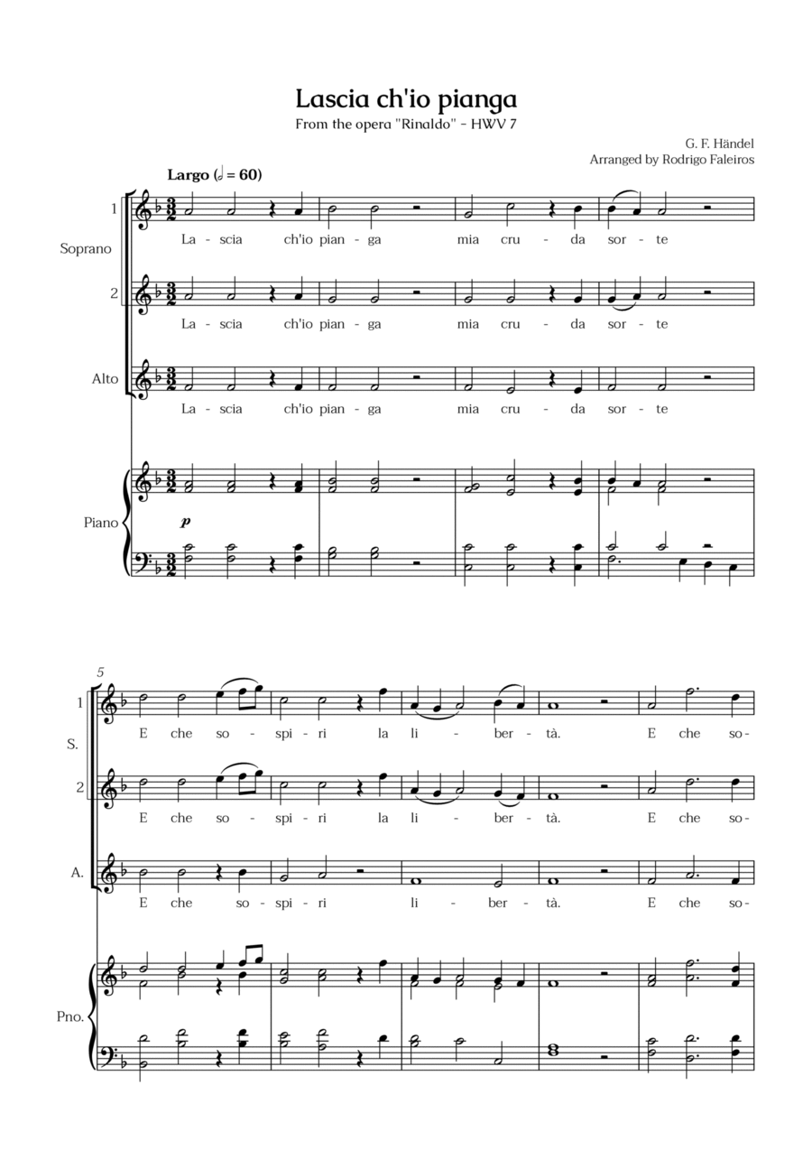 Book cover for Lascia ch'io pianga (for SSA choir - with piano accompaniment)