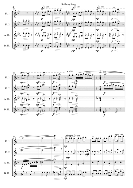 Railway Song (Auf de schwäb'sche Eisebahne) for 2 flutes, alto flute, bass flute image number null
