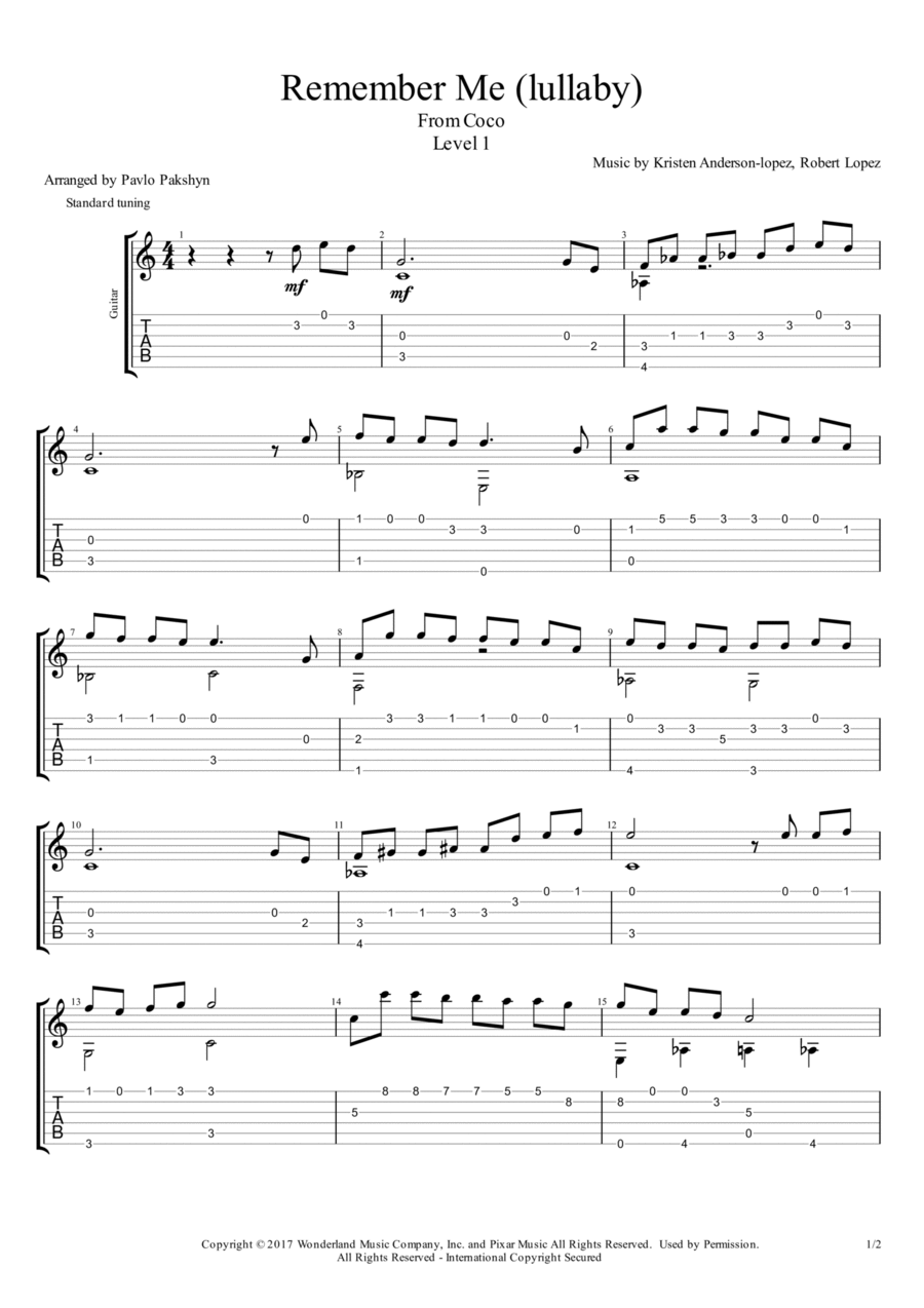 Remember Me (lullaby) Guitar Tablature scores gallery preview page 1
