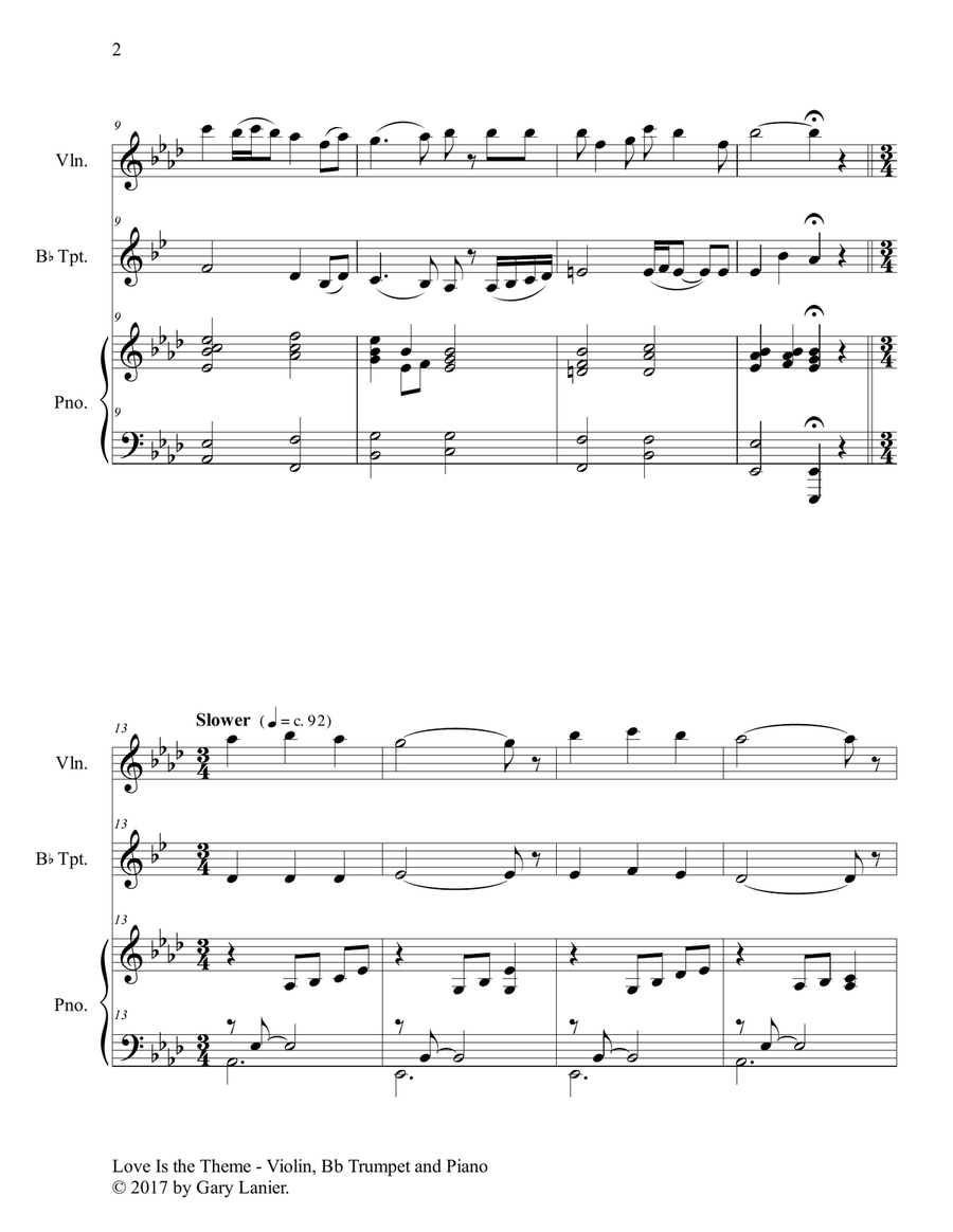 LOVE IS THE THEME (Trio – Violin, Bb Trumpet & Piano with Score/Parts) B-Flat Trumpet scores gallery preview page 3