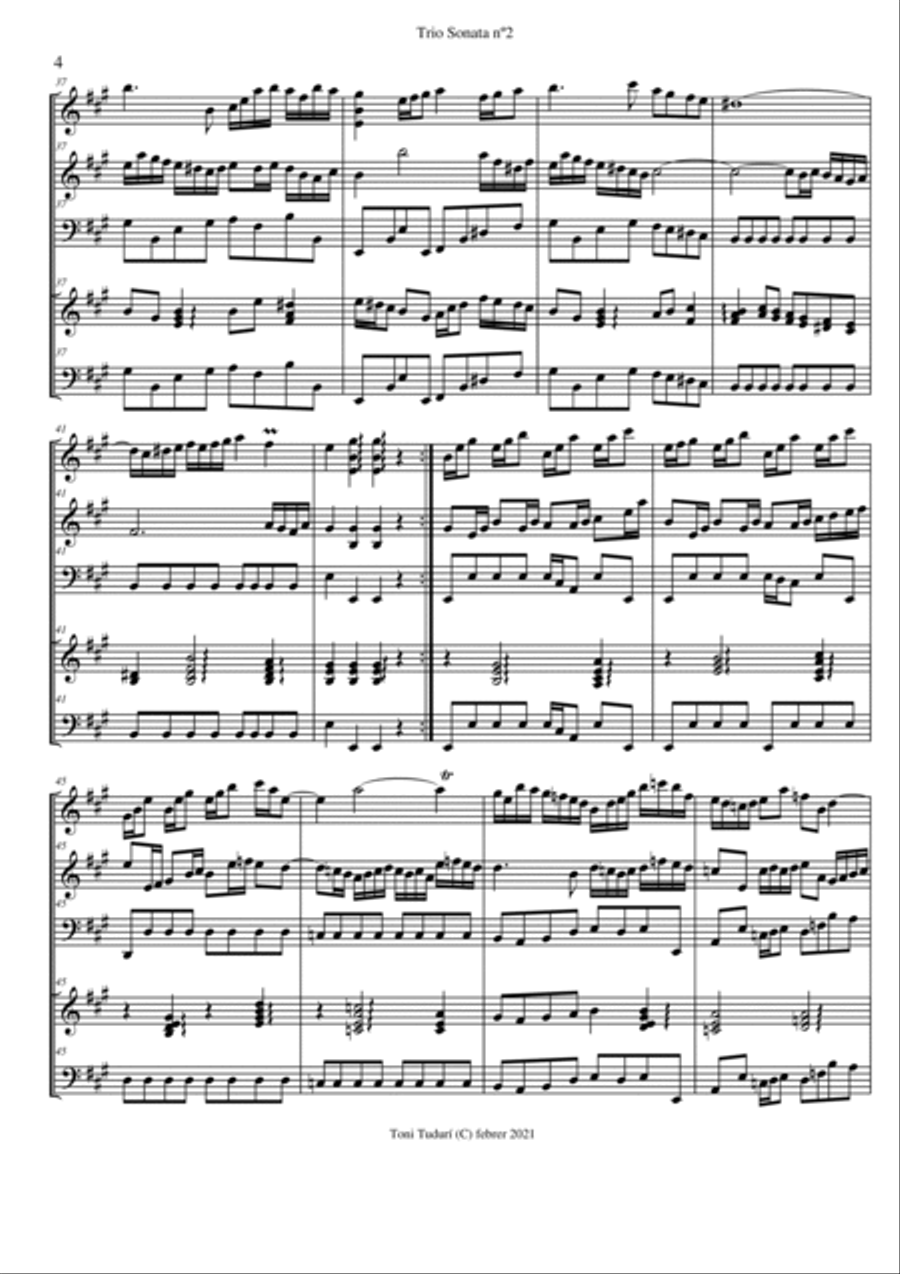 Trio sonata nº2 in A Major for flute, violin & cello, 2 violins & cello and basso continuo (SCORE D Small Ensemble scores gallery preview page 4