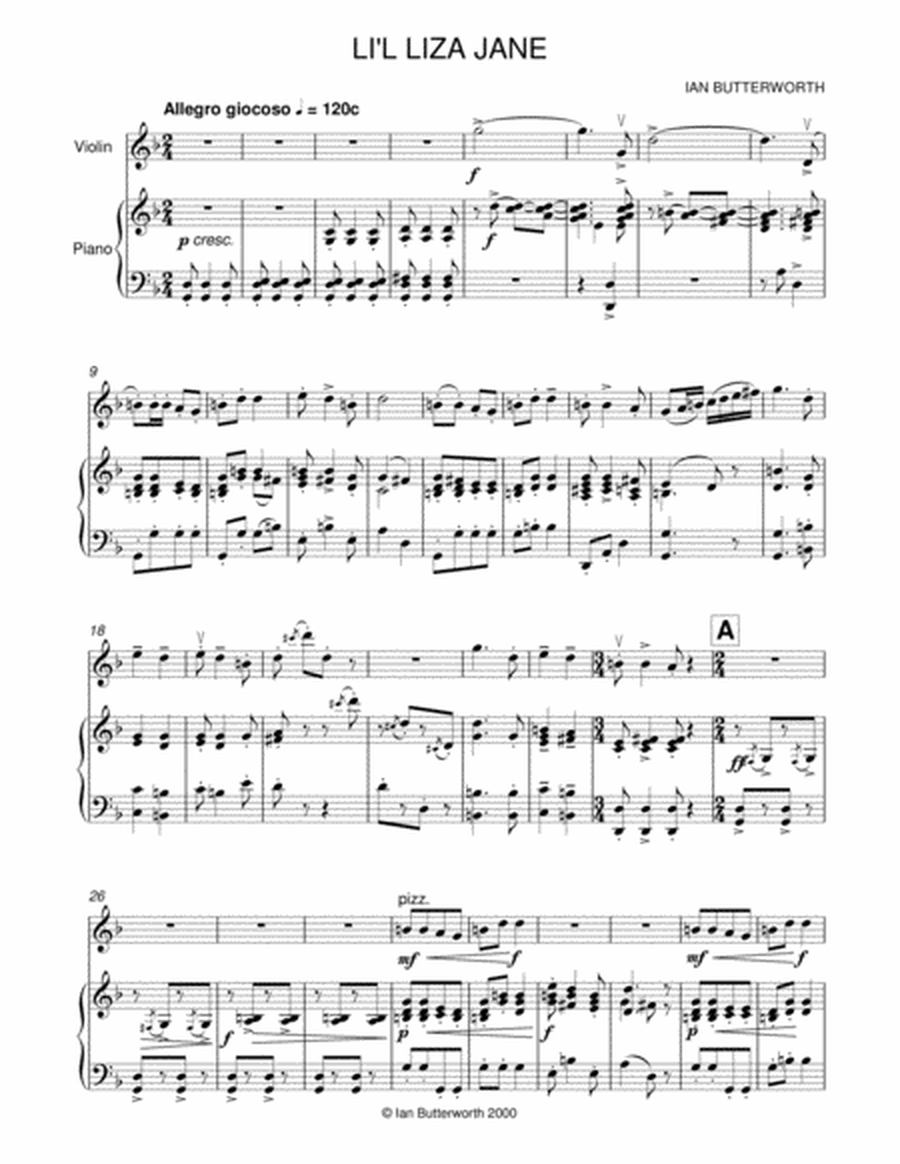 IAN BUTTERWORTH Li'L Liza Jane for violin & piano image number null