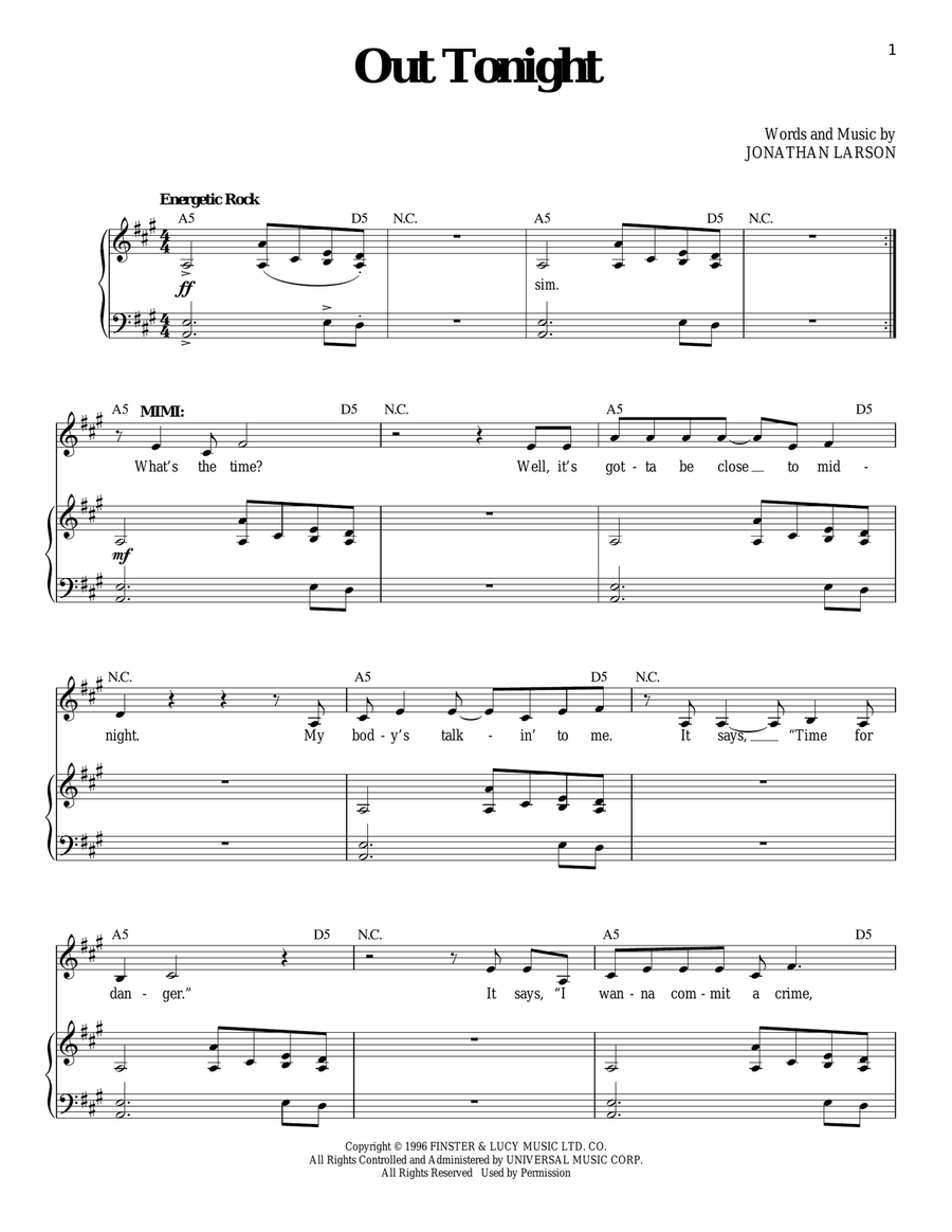 Out Tonight Piano, Vocal scores gallery preview page 1