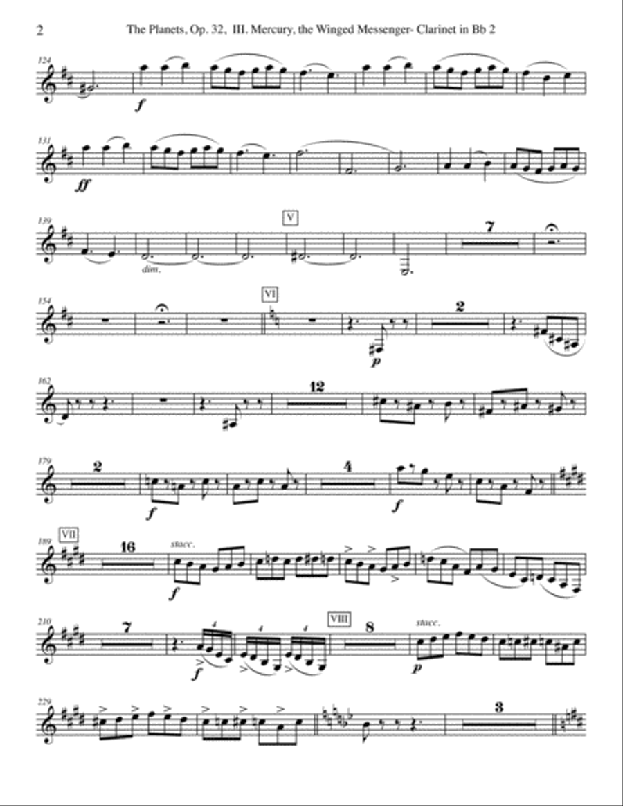 Holst The Planets, III. Mercury, the Winged Messenger - Clarinet in Bb 2 (Transposed Part), Op. 32 B-Flat Clarinet scores gallery preview page 2