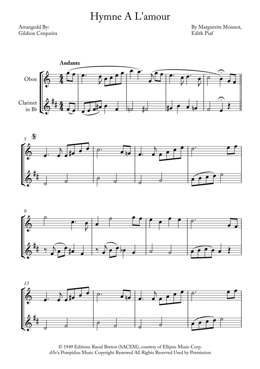 Hymne A L'amour Woodwind Duet scores gallery preview page 1