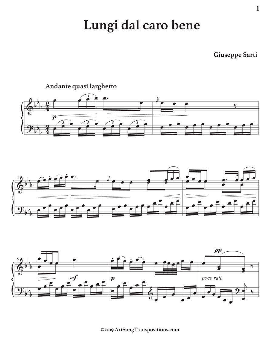 SARTI: Lungi dal caro bene (transposed to E-flat major) Voice scores gallery preview page 2