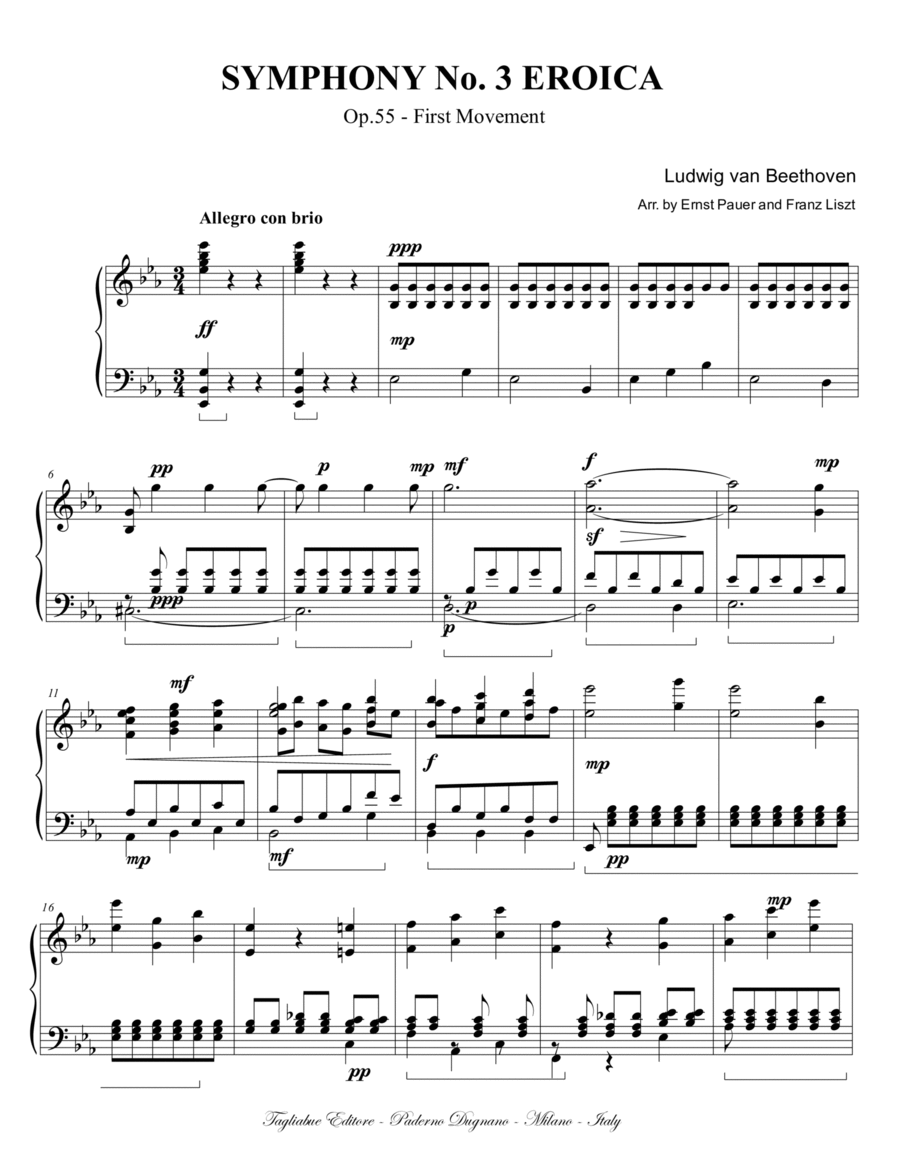BEETHOVEN - SYMPHONY No 3 Eroica - 1nd Mov. - Arr. for Piano by Ernst Pauer and Franz Liszt Piano Solo scores gallery preview page 1