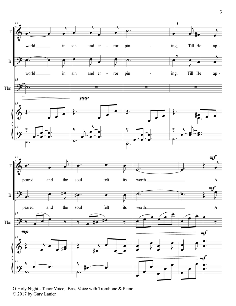 O HOLY NIGHT (Duet - Tenor Voice, Bass Voice with Trombone & Piano - Score & Parts included) Trombone Duet scores gallery preview page 4