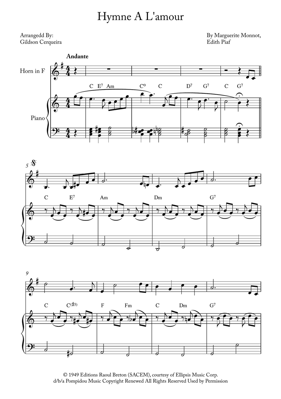 Hymne A L'amour Horn scores gallery preview page 1