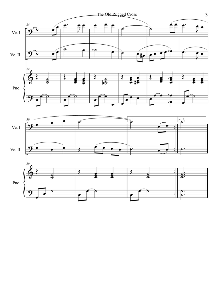 The Old Rugged Cross (cello duet) with optional piano accompaniment String Duet scores gallery preview page 3